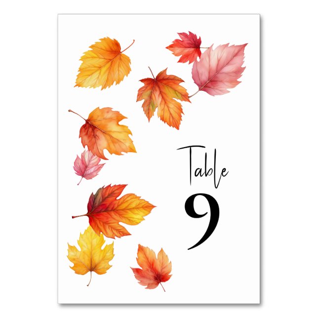Falling Leaves Autumn Wedding Table Numbers, Table Number (Front)