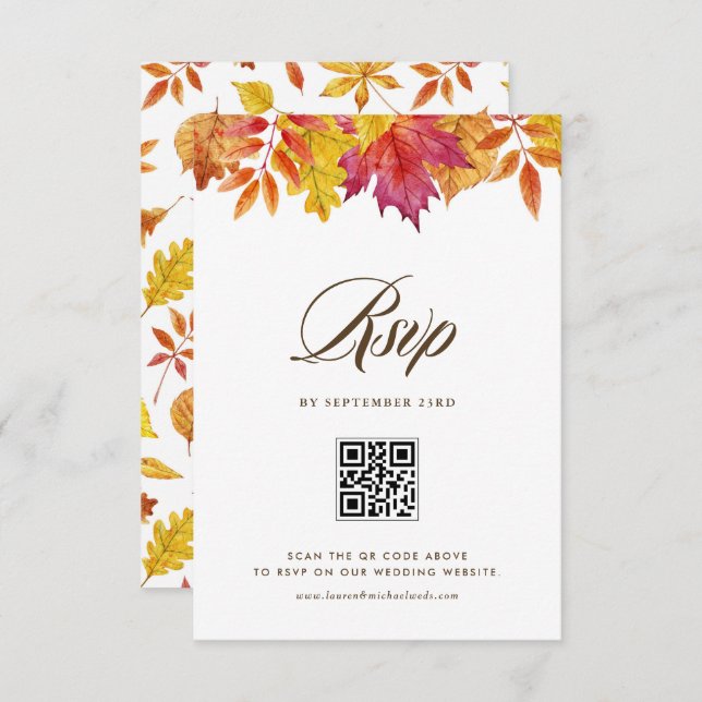 Falling Leaves Garland Autumn Wedding QR Code RSVP Card (Front/Back)