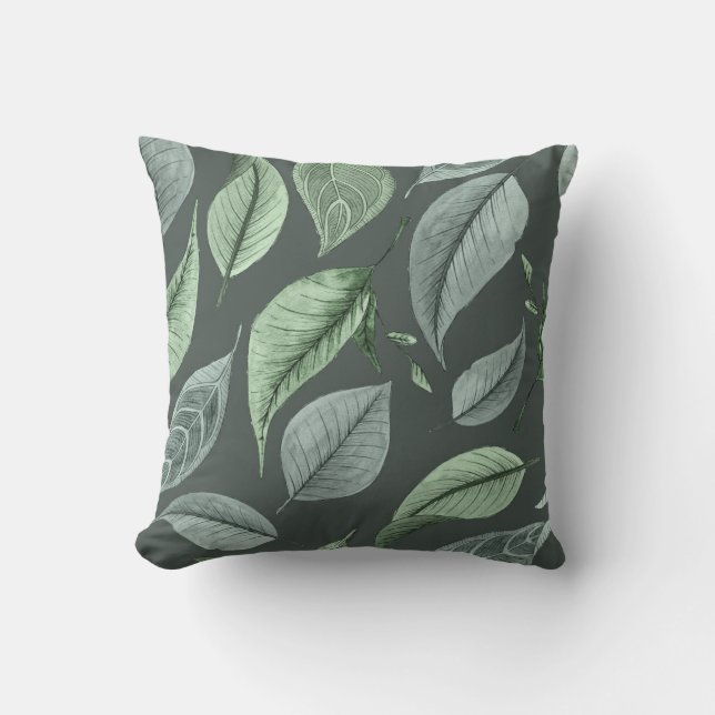 Falling leaves in shades of green grey celadon cushion (Front)