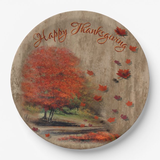 Falling Leaves Landscape Paper Plate (Front)