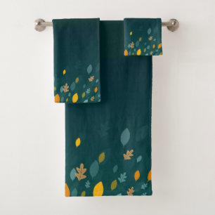 Falling Leaves with Autumn Element on Dark Teal Bath Towel Set