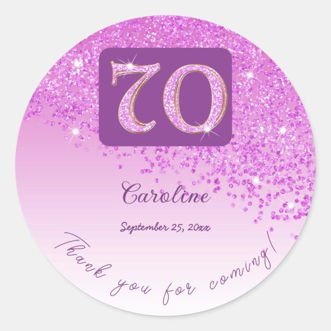 Falling Pink Glitter, 70th Birthday Thanks Classic Round Sticker (Front)