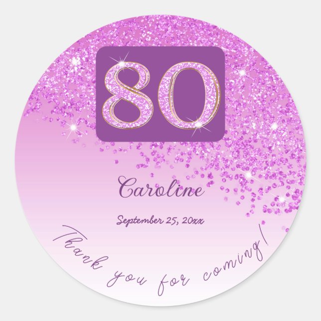 Falling Pink Glitter, 80th Birthday Thanks Classic Round Sticker (Front)
