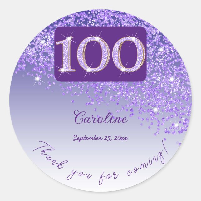 Falling Purple Glitter, 100th Birthday Thanks Classic Round Sticker (Front)