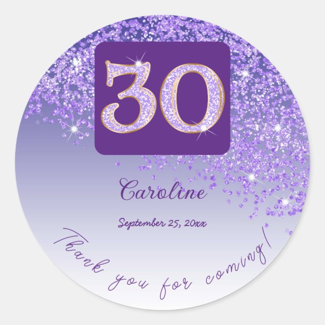 Falling Purple Glitter, 30th Birthday Thanks Classic Round Sticker (Front)
