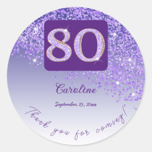 Falling Purple Glitter, 80th Birthday Thanks Classic Round Sticker