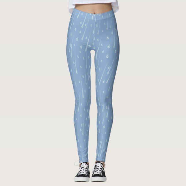 Falling Raindrops Cute Rainy Day Dusky Blue Leggings (Front)