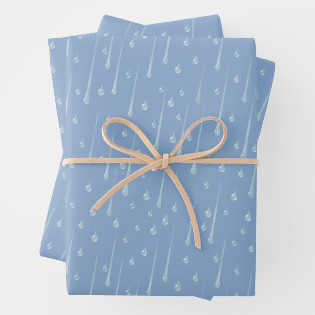 Falling Raindrops Cute Rainy Day Dusky Blue Wrapping Paper Sheet (In situ)