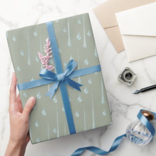 Falling Raindrops Cute Rainy Day Olive Green Wrapping Paper