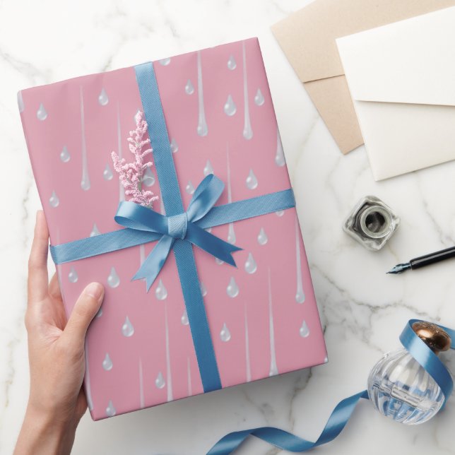 Falling Raindrops Cute Rainy Day Rose Pink Wrapping Paper (Gifting)