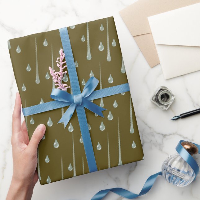 Falling Raindrops Cute Rainy Day  Sepia Brown Wrapping Paper (Gifting)
