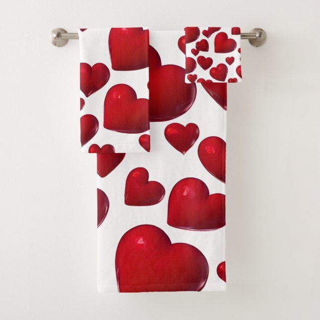 Falling Red Hearts Valentine Pattern Bath Towel Set (Insitu)