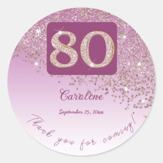 Falling Rose Gold Glitter, 80th Birthday Thanks Classic Round Sticker