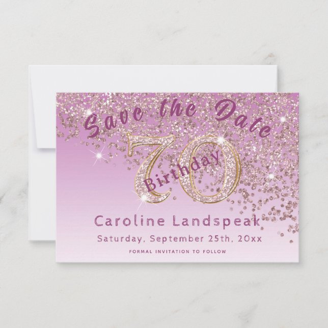 Falling Rose Gold  Glitter for 70th Birthday Save The Date (Front)