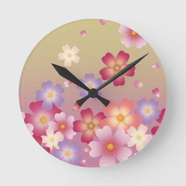 Falling Sakura Blossoms Japanese Green & Pink Round Clock (Front)