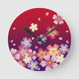 Falling Sakura Blossoms Japanese Red & Purple Round Clock