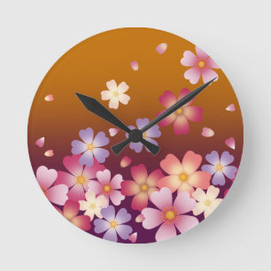 Falling Sakura Blossoms Kimono Style Gold Round Clock