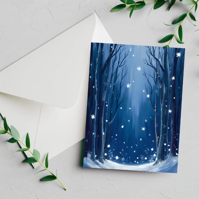 Falling Snow Blue Winter Forest Watercolor Card (Creator Uploaded)