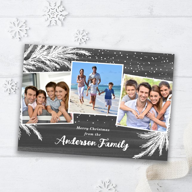 Falling Snow Evergreens Grey 3 Photos Christmas Holiday Card (Creator Uploaded)