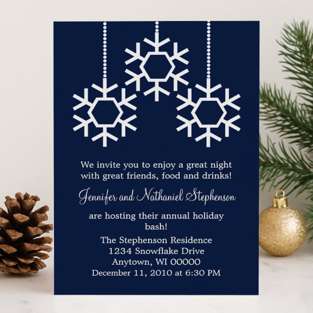 Falling Snowflakes Holiday Party, Dark Blue Invitation (Dark Blue Falling Snowflakes Holiday Party Invitation)