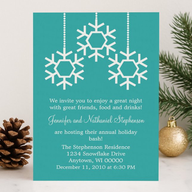 Falling Snowflakes Holiday Party, Turquoise Invitation (Turquoise Falling Snowflakes Holiday Party Invitation)
