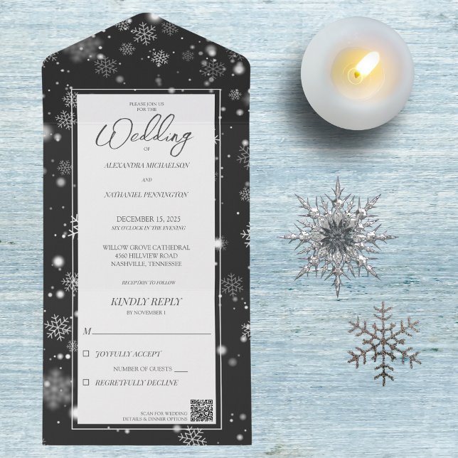 Falling Snowflakes on Black with QR Code  All In One Invitation (Creator Uploaded)