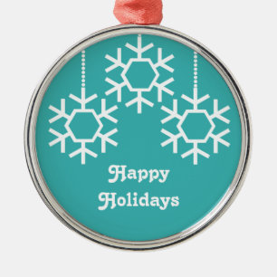 Falling Snowflakes Round Ornament, Turquoise Metal Tree Decoration
