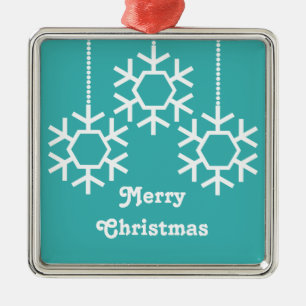 Falling Snowflakes Square Ornament, Turquoise Metal Tree Decoration