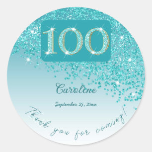 Falling Teal Blue Glitter, 100th Birthday Thanks Classic Round Sticker