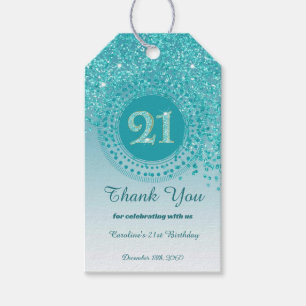 Falling Teal Blue Glitter 21st Birthday Gift Tags