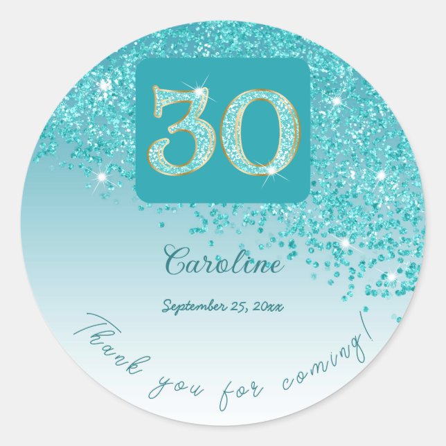 Falling Teal Blue Glitter, 30th Birthday Thanks Classic Round Sticker (Front)