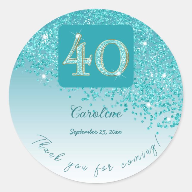 Falling Teal Blue Glitter, 40th Birthday Thanks Classic Round Sticker (Front)