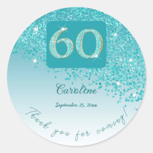 Falling Teal Blue Glitter, 60th Birthday Thanks Classic Round Sticker