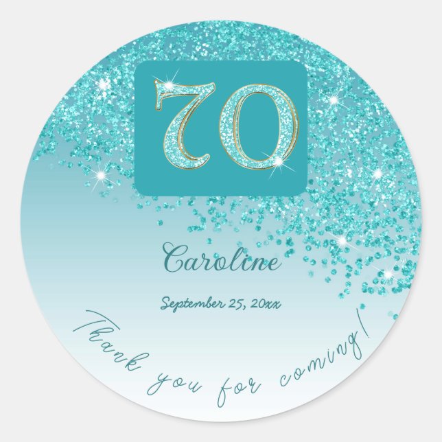 Falling Teal Blue Glitter, 70th Birthday Thanks Classic Round Sticker (Front)