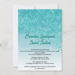 Falling Teal Blue Glitter Sweet Sixteen Invitation