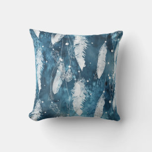 Falling white feathers, blue watercolor. cushion