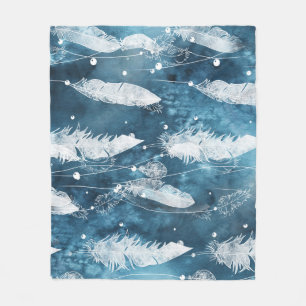 Falling white feathers, blue watercolor. fleece blanket