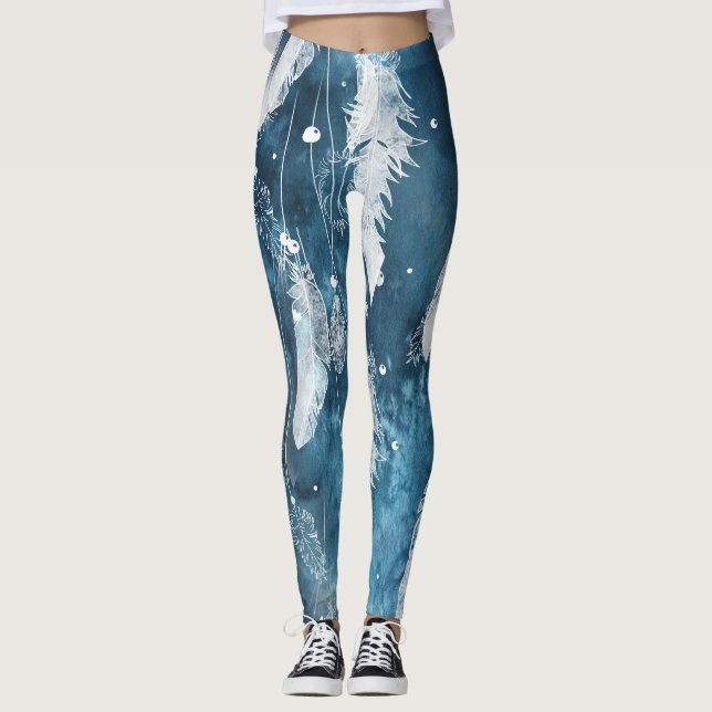 Falling white feathers, blue watercolor. leggings (Front)