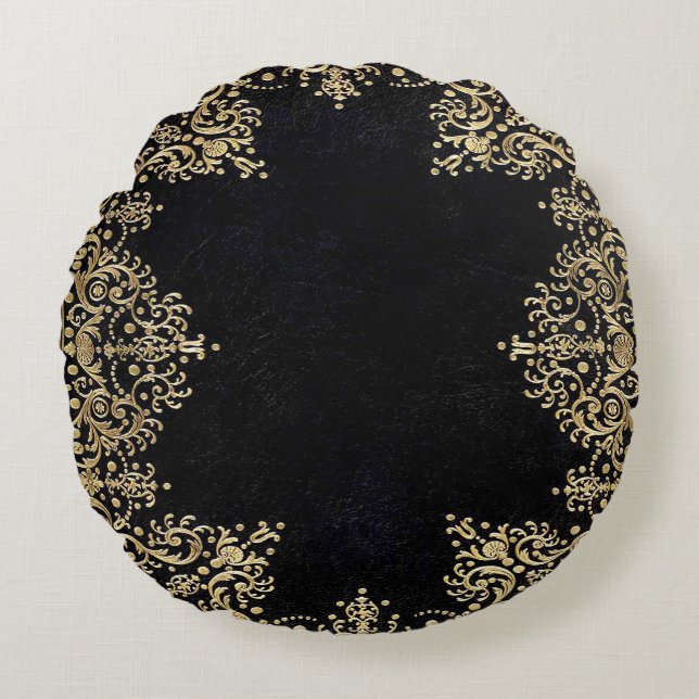 Falln Black And Gold Filigree Round Cushion (Front)