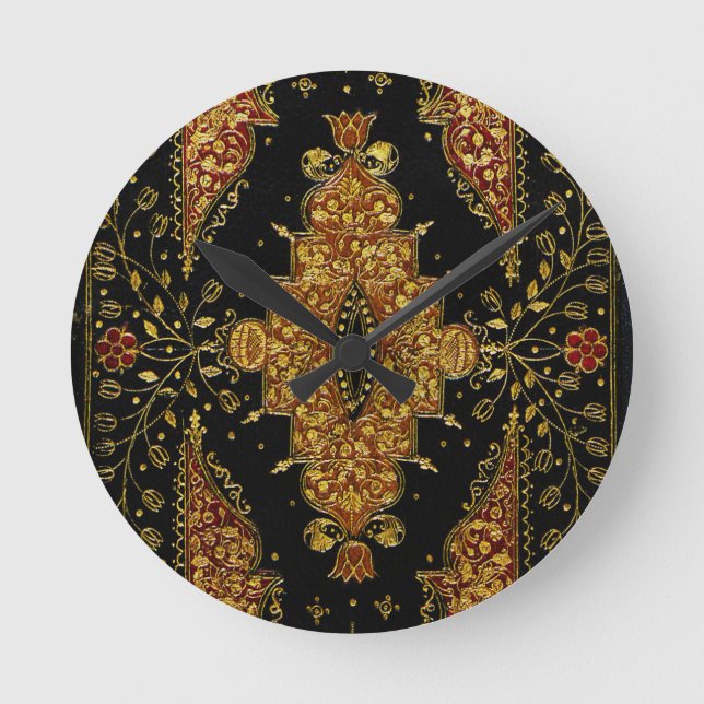 Falln Black and Gold Floral Round Clock (Front)