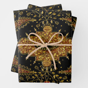 Falln Black and Gold Floral Wrapping Paper Sheet