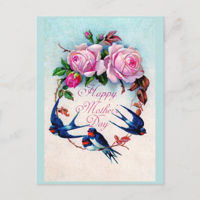 Falln Blue Birds and Roses Mother's Day Postcard (Front)