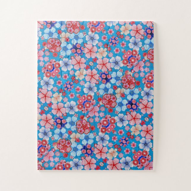 Falln Blue Cascading Floral Chirimen Jigsaw Puzzle (Vertical)