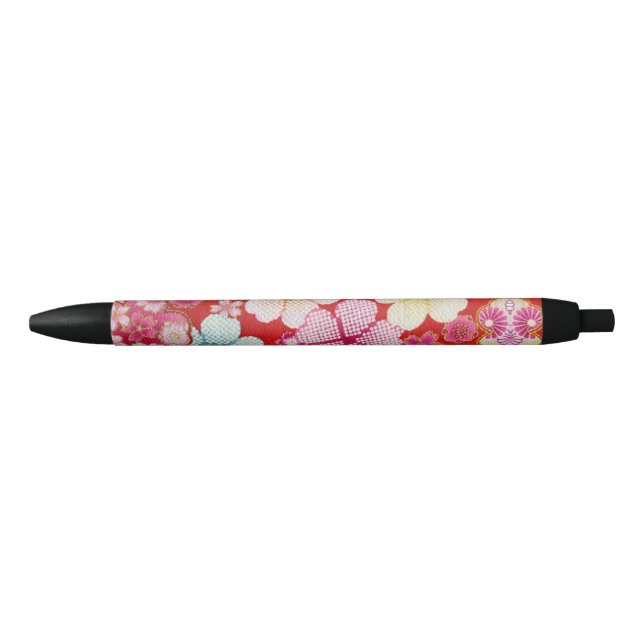 Falln Crimson Floral Chirimen Black Ink Pen (Front)