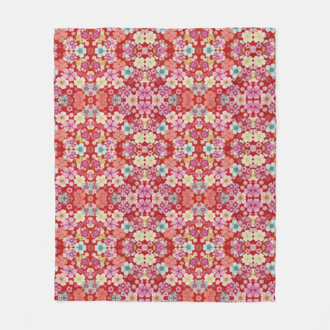 Falln Crimson Floral Chirimen Fleece Blanket (Front)