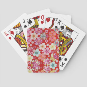 Falln Crimson Floral Chirimen Playing Cards