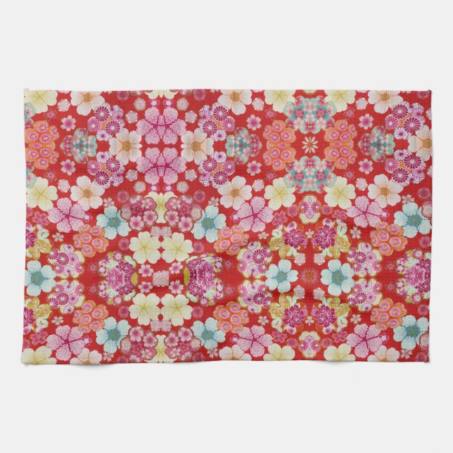 Falln Crimson Floral Chirimen Tea Towel (Horizontal)
