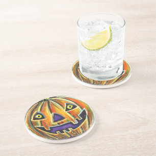Falln Grinning Pumpkin Vintage Halloweenies Coaster