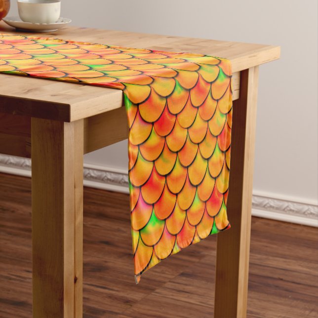 Falln Orange and Green Scales Short Table Runner (In Situ)