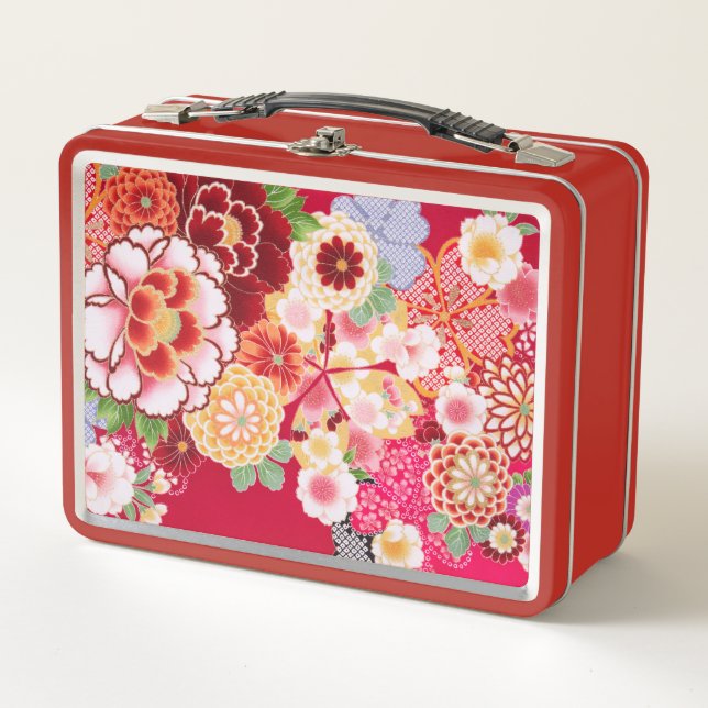 Falln Red Floral Burst Metal Lunch Box (Front)